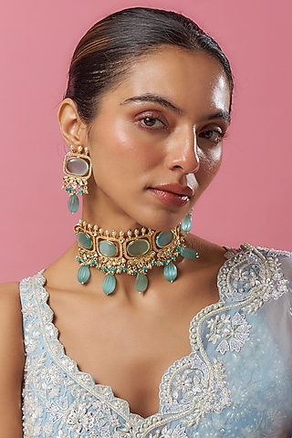 Gold Plated Kundan Polki & Sky Blue Beaded Choker Necklace Set by Minaki