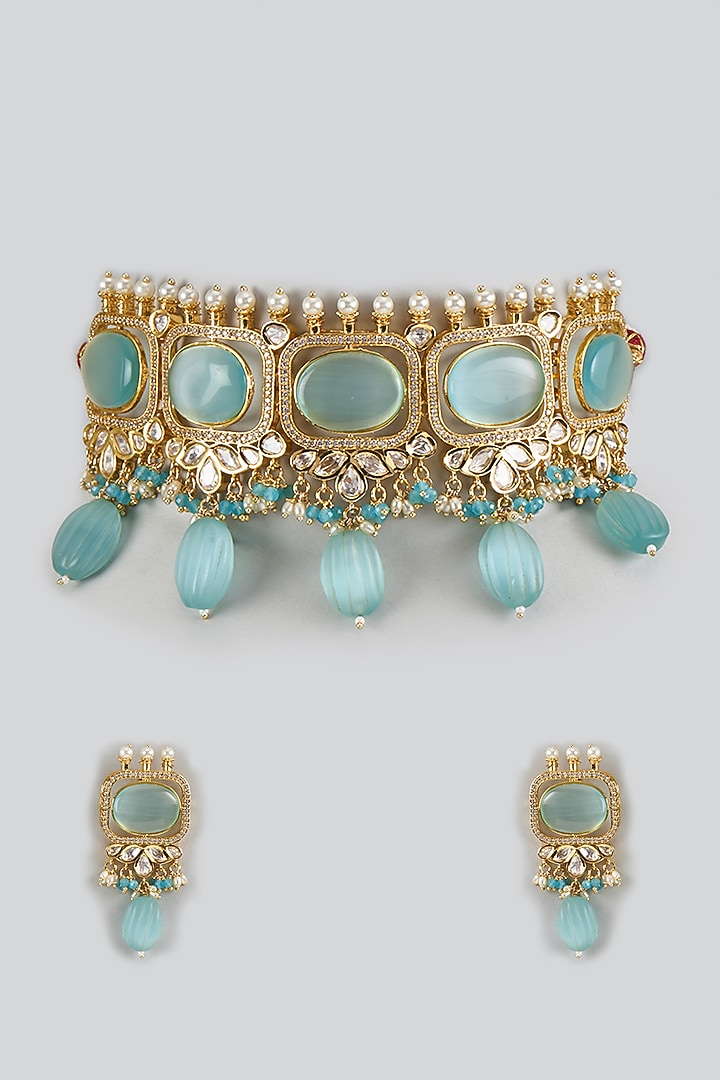 Gold Plated Kundan Polki & Sky Blue Beaded Choker Necklace Set by Minaki at Pernia's Pop Up Shop