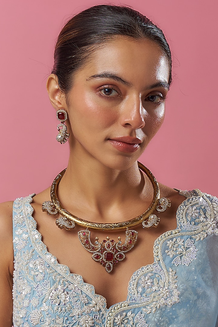 Gold Plated Kundan Polki & Red Stone Hasli Necklace Set by Minaki at Pernia's Pop Up Shop