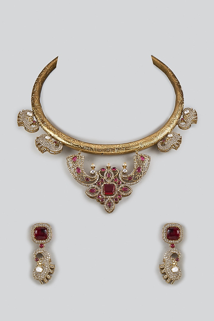 Gold Plated Kundan Polki & Red Stone Hasli Necklace Set by Minaki at Pernia's Pop Up Shop