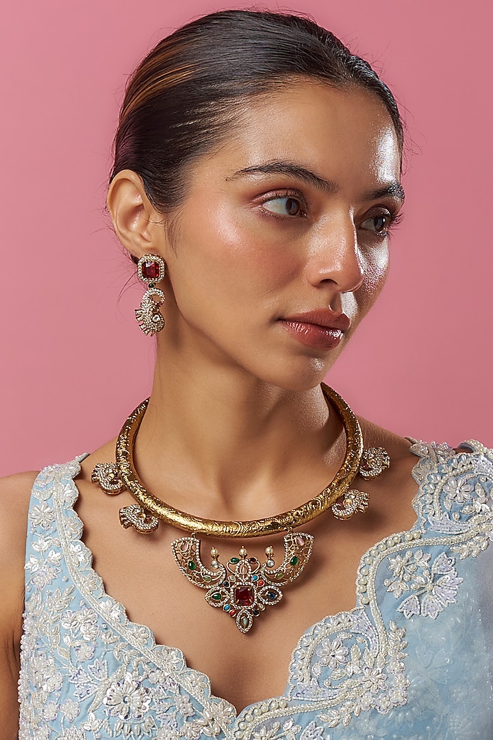 Gold Plated Kundan Polki & Multi-Colored Stone Hasli Necklace Set by Minaki at Pernia's Pop Up Shop