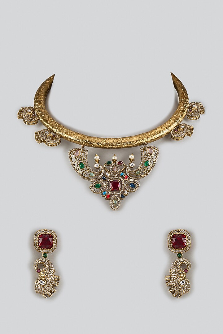 Gold Plated Kundan Polki & Multi-Colored Stone Hasli Necklace Set by Minaki at Pernia's Pop Up Shop