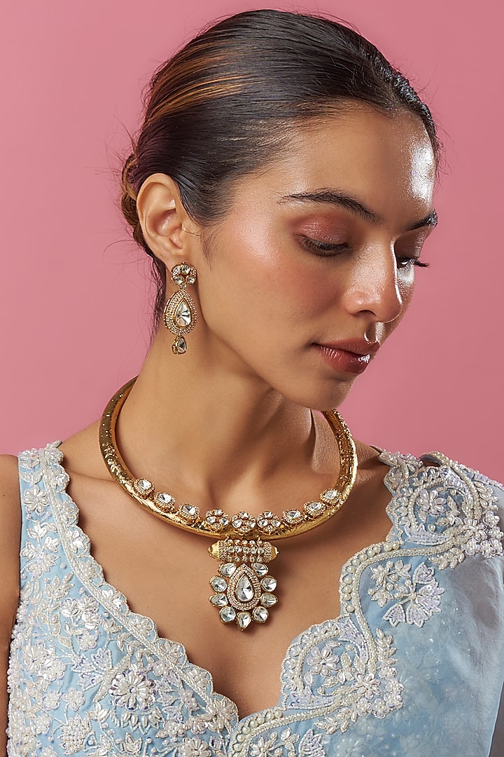 Gold Plated Kundan Polki & Zircon Hasli Necklace Set by Minaki at Pernia's Pop Up Shop