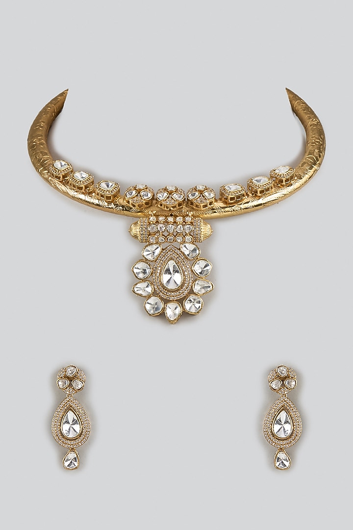 Gold Plated Kundan Polki & Zircon Hasli Necklace Set by Minaki at Pernia's Pop Up Shop