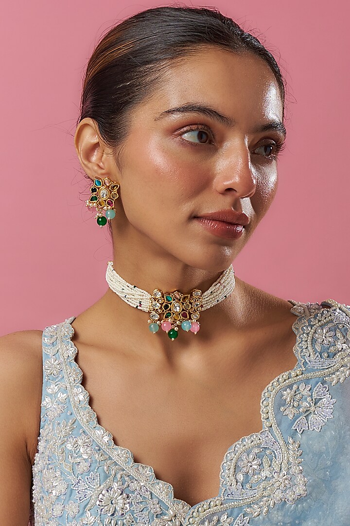 Gold Plated Kundan Polki & Multi-Colored Stone Choker Necklace Set by Minaki at Pernia's Pop Up Shop