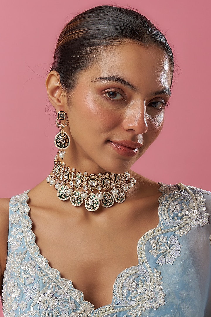 Gold Plated Kundan Polki & Pearl Green Meenakari Necklace Set by Minaki at Pernia's Pop Up Shop