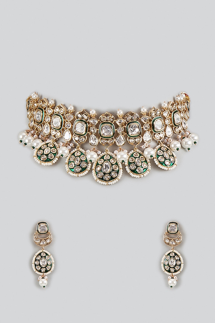 Gold Plated Kundan Polki & Pearl Green Meenakari Necklace Set by Minaki at Pernia's Pop Up Shop