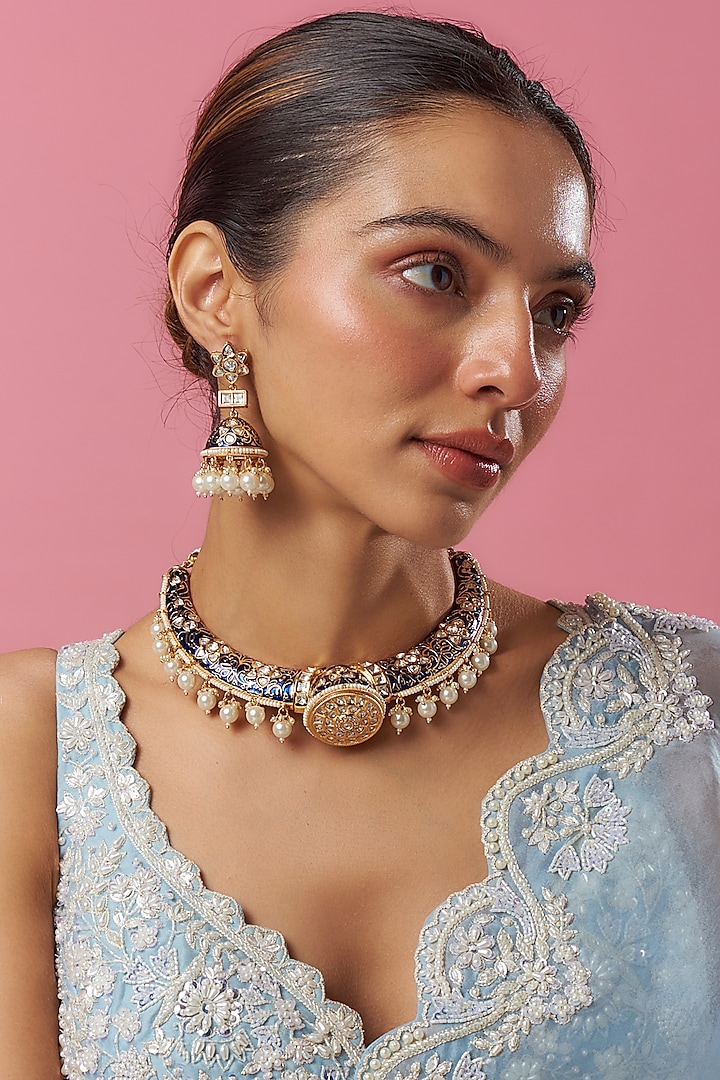 Gold Plated Kundan Polki & Pearl Blue Meenakari Hasli Necklace Set by Minaki at Pernia's Pop Up Shop