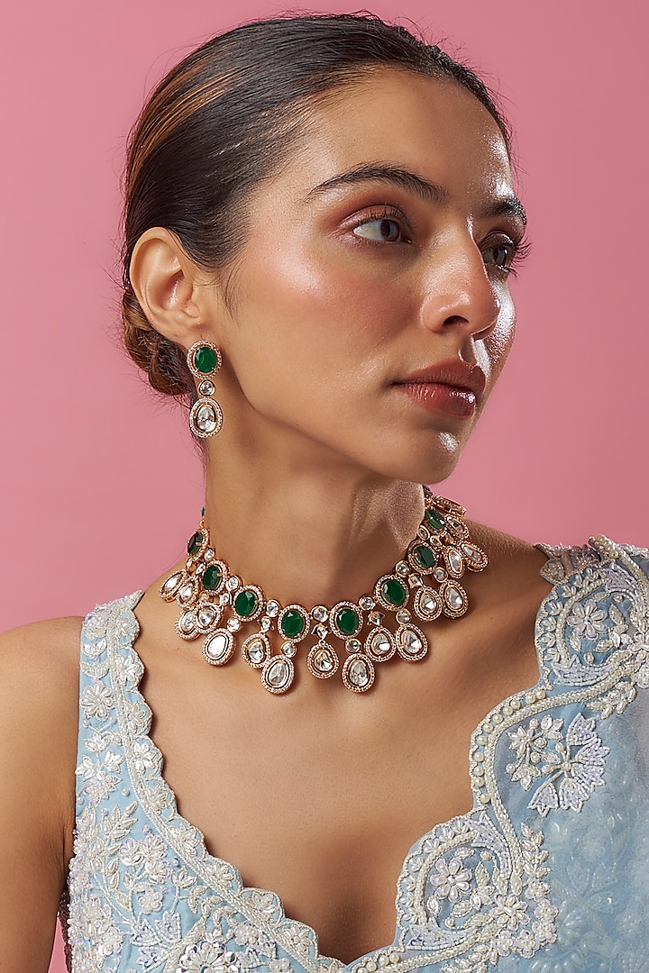 Gold Plated Kundan Polki & Pearl Green Meenakari Necklace Set by Minaki at Pernia's Pop Up Shop