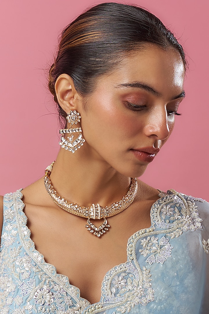 Gold Plated Kundan Polki & Pearl Hasli Necklace Set by Minaki at Pernia's Pop Up Shop