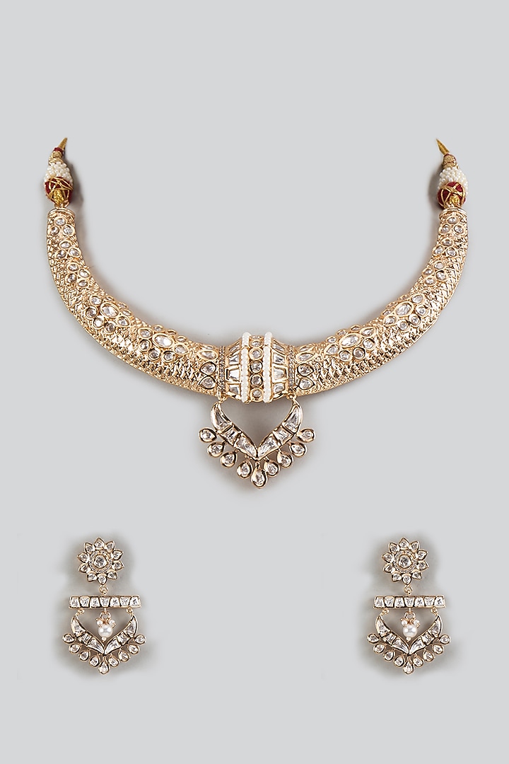 Gold Plated Kundan Polki & Pearl Hasli Necklace Set by Minaki at Pernia's Pop Up Shop