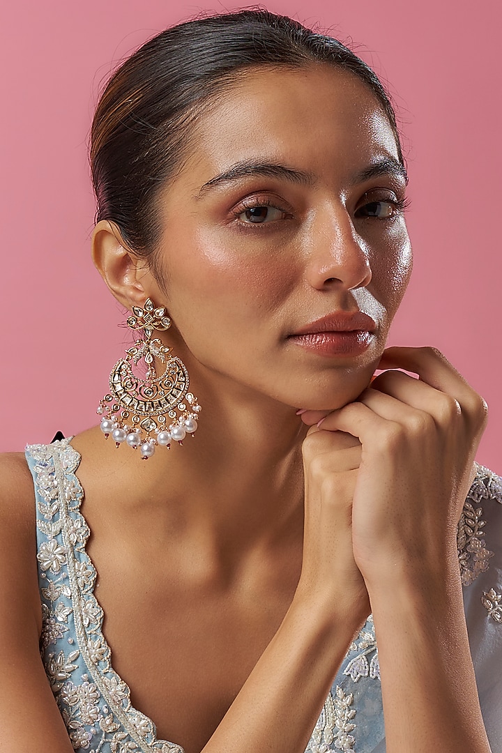 Gold Plated Kundan Polki & Pearl Chandbali Earrings by Minaki at Pernia's Pop Up Shop