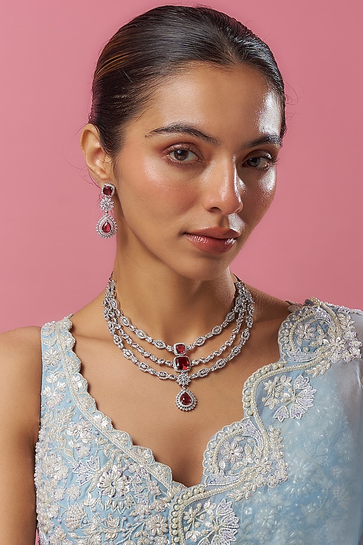 White Gold Finish Cubic Zirconia & Red Stone Layered Necklace Set by Minaki at Pernia's Pop Up Shop