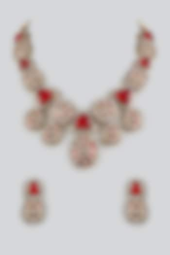 Gold Plated Kundan Polki Red Meenakari Necklace Set by Minaki at Pernia's Pop Up Shop