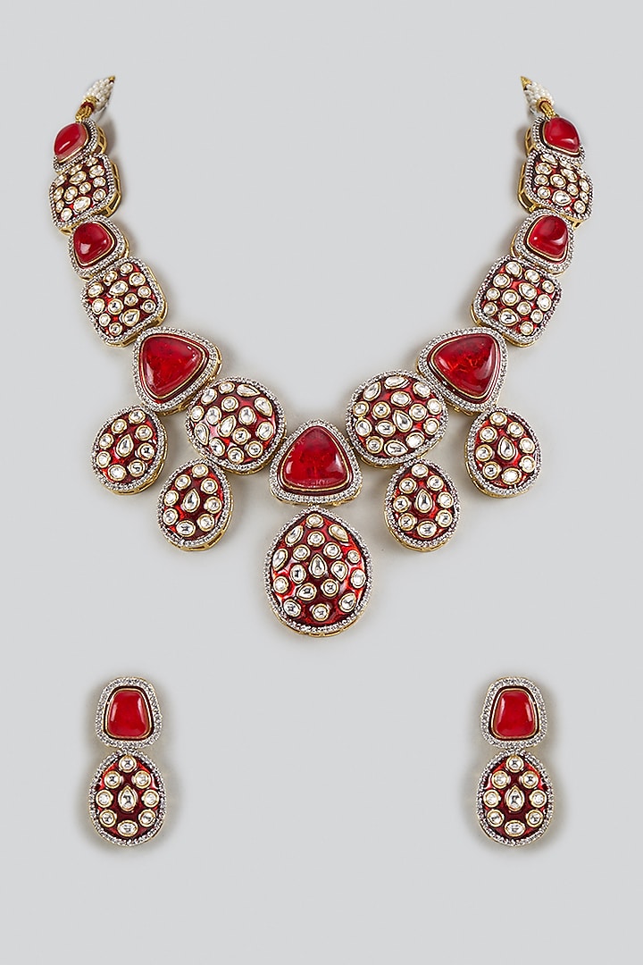 Gold Plated Kundan Polki Red Meenakari Necklace Set by Minaki at Pernia's Pop Up Shop