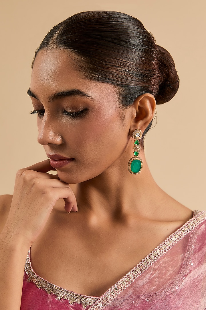 Gold Plated Green Stone & Kundan Polki Dangler Earrings by Minaki at Pernia's Pop Up Shop