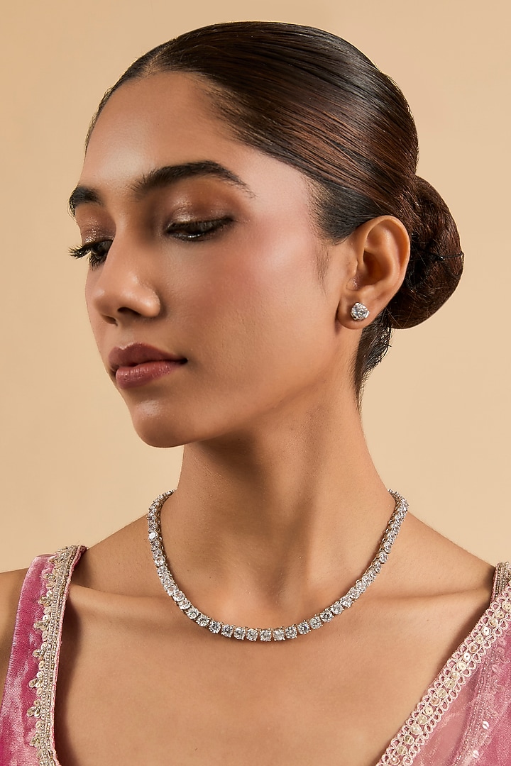 White Gold Finish Cubic Zirconia Necklace Set by Minaki at Pernia's Pop Up Shop