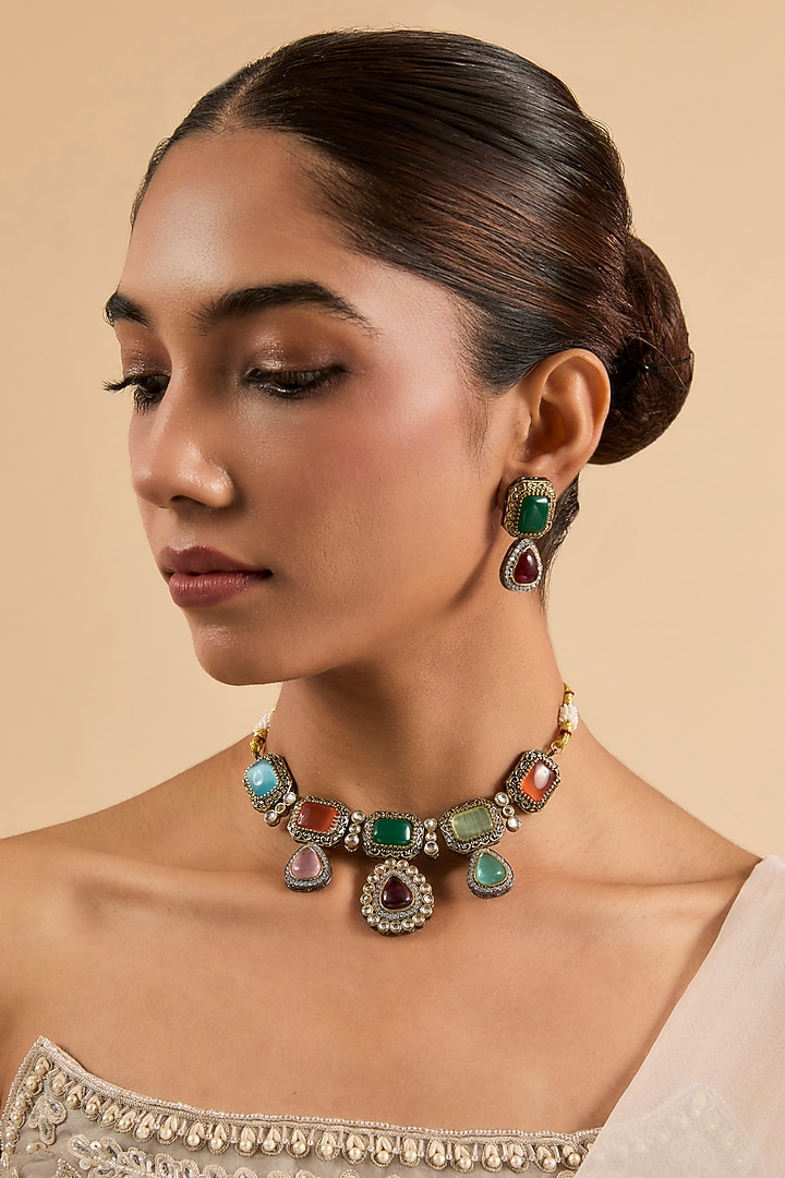 Two Tone Finish Multi-Colored Stone & Kundan Polki Necklace Set by Minaki at Pernia's Pop Up Shop