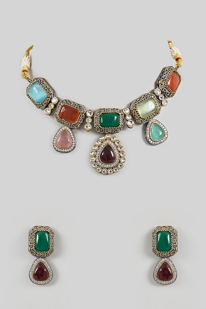 Two Tone Finish Multi-Colored Stone & Kundan Polki Necklace Set by Minaki at Pernia's Pop Up Shop