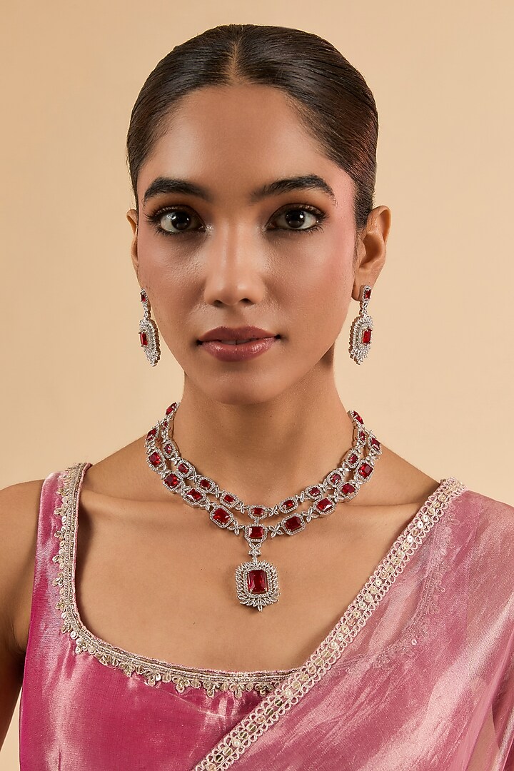 White Gold Finish Red Cubic Zirconia Layered Necklace Set by Minaki at Pernia's Pop Up Shop