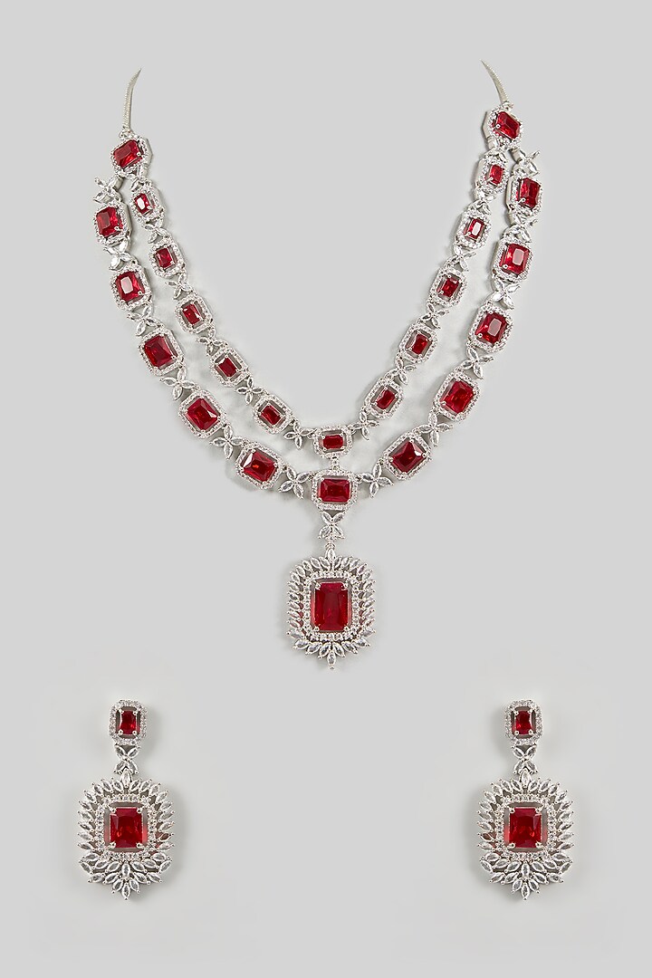 White Gold Finish Red Cubic Zirconia Layered Necklace Set by Minaki at Pernia's Pop Up Shop