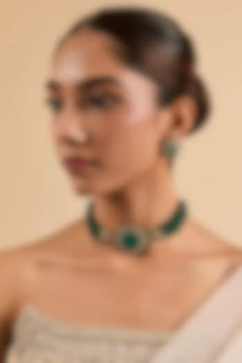 Two Tone Finish Green Stone & Kundan Polki Choker Necklace Set by Minaki at Pernia's Pop Up Shop