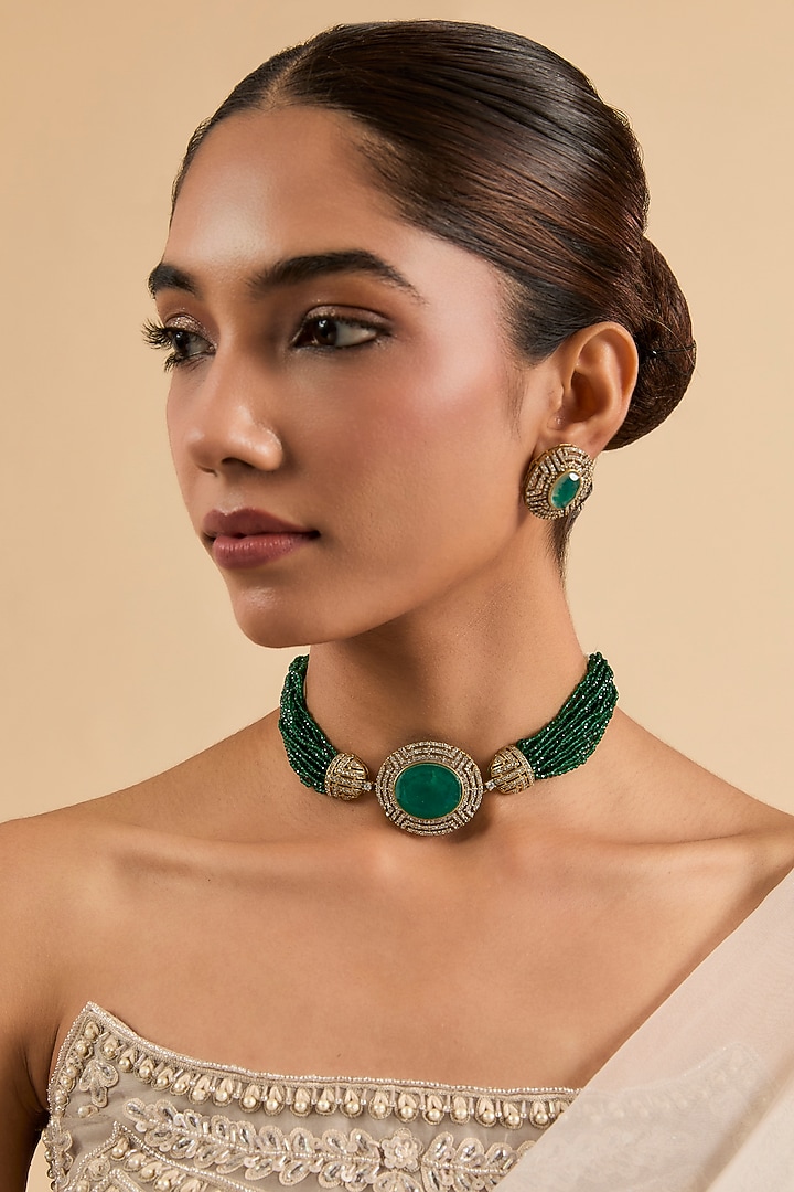 Two Tone Finish Green Stone & Kundan Polki Choker Necklace Set by Minaki at Pernia's Pop Up Shop