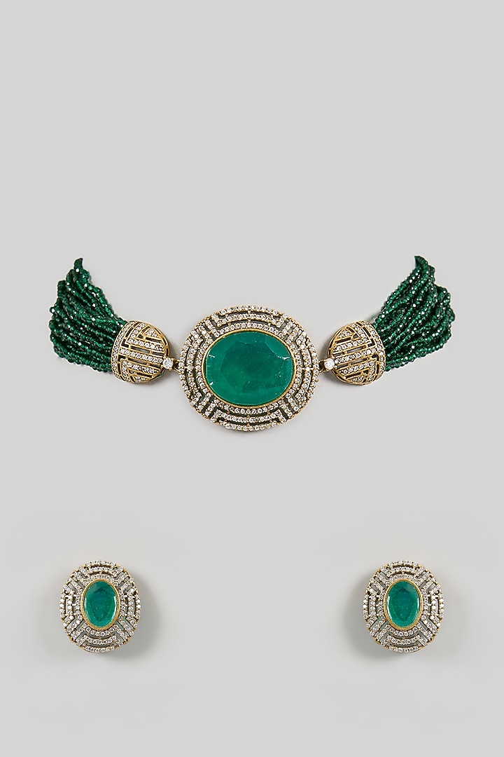 Two Tone Finish Green Stone & Kundan Polki Choker Necklace Set by Minaki at Pernia's Pop Up Shop