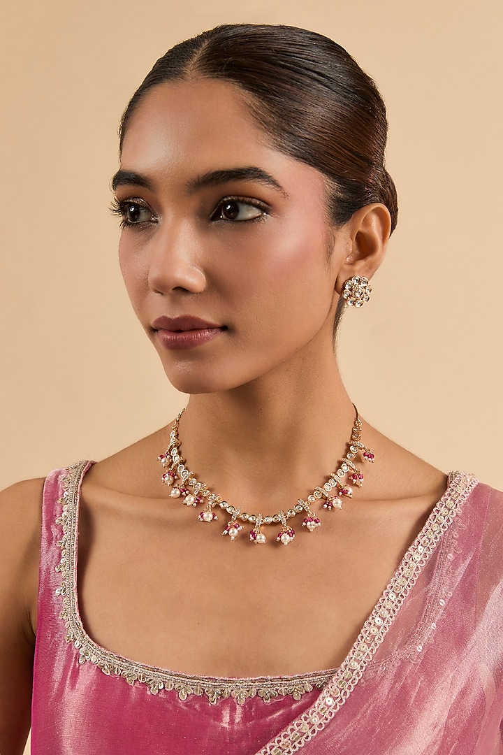 Gold Plated Ruby Beaded & Kundan Polki Necklace Set by Minaki at Pernia's Pop Up Shop