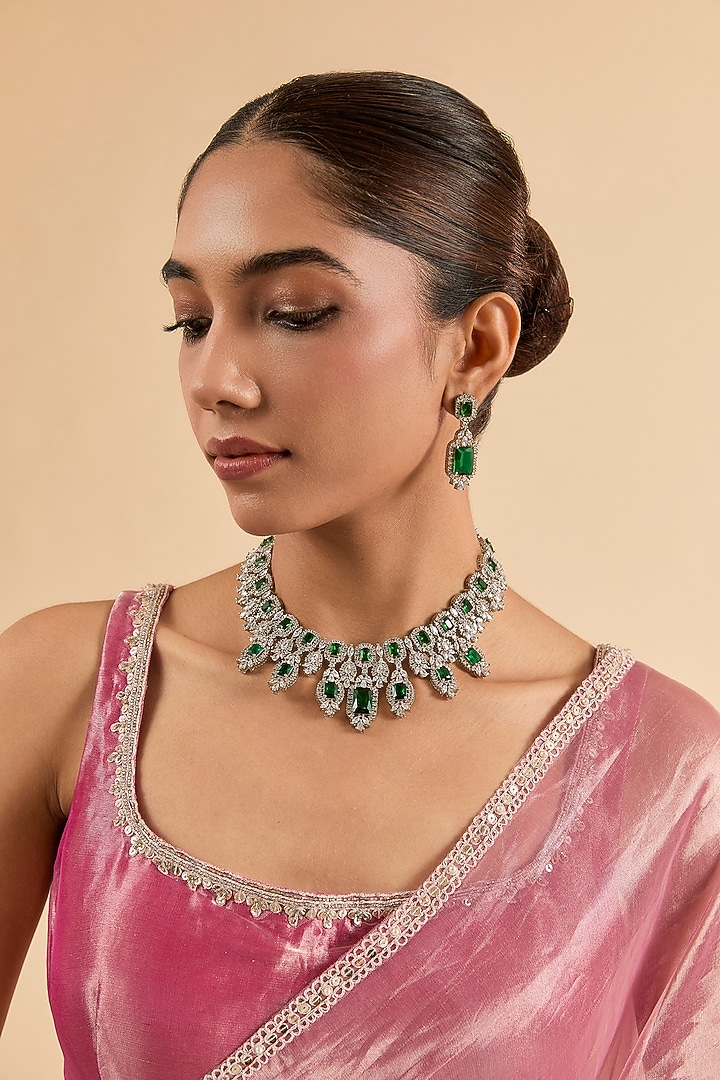 White Gold Finish Green Cubic Zirconia Necklace Set by Minaki at Pernia's Pop Up Shop