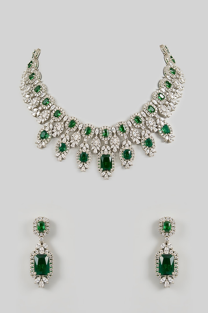 White Gold Finish Green Cubic Zirconia Necklace Set by Minaki at Pernia's Pop Up Shop