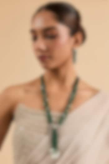 White Gold Finish Green Beaded & Cubic Zirconia Layered Necklace Set by Minaki at Pernia's Pop Up Shop