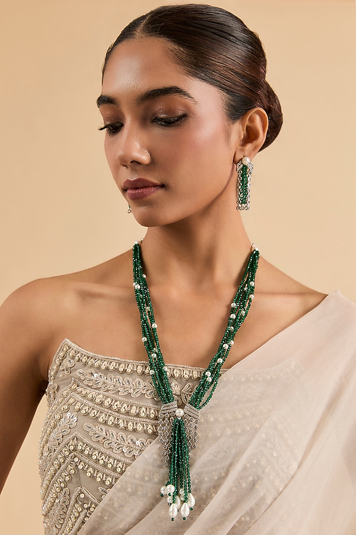 White Gold Finish Green Beaded & Cubic Zirconia Layered Necklace Set by Minaki at Pernia's Pop Up Shop