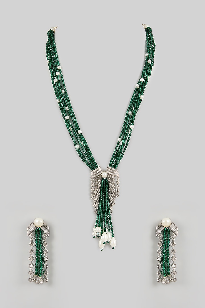 White Gold Finish Green Beaded & Cubic Zirconia Layered Necklace Set by Minaki at Pernia's Pop Up Shop