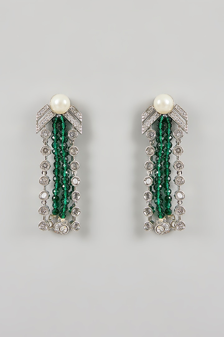 White Gold Finish Green Beaded & Cubic Zirconia Layered Necklace Set by Minaki at Pernia's Pop Up Shop