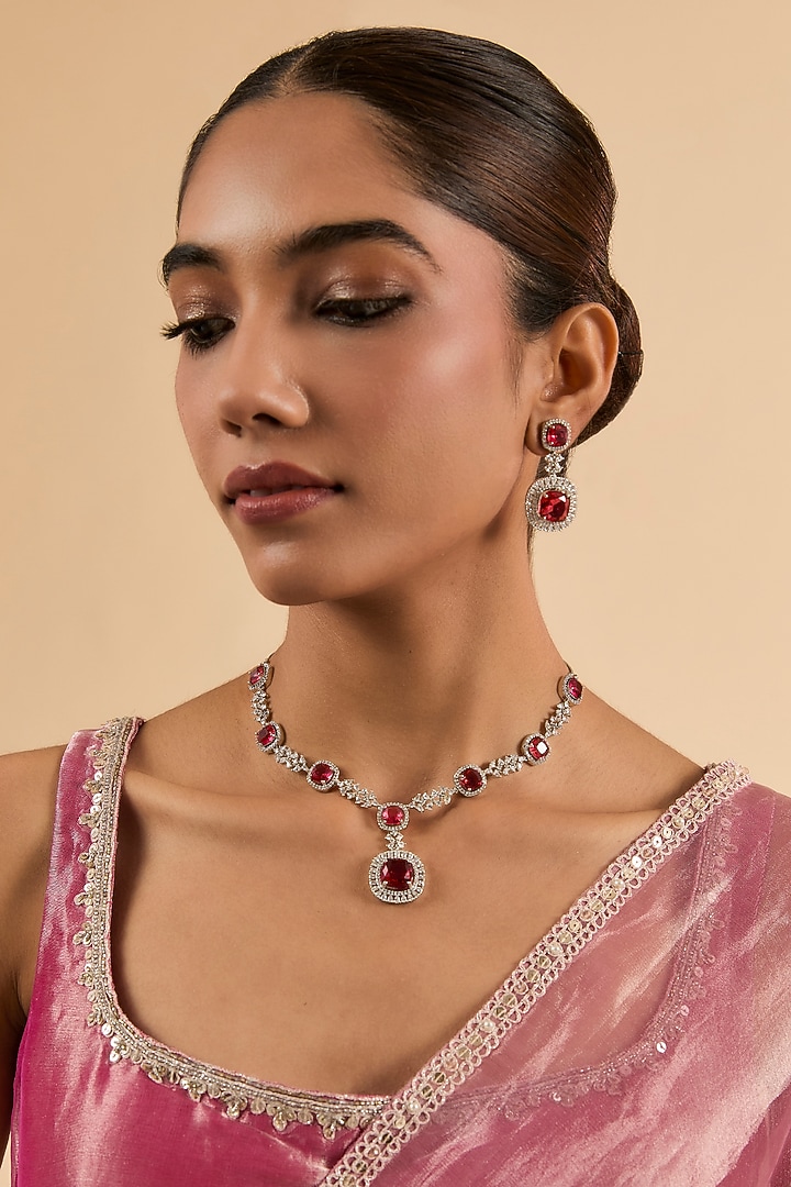 White Gold Finish Red Cubic Zirconia Necklace Set by Minaki at Pernia's Pop Up Shop