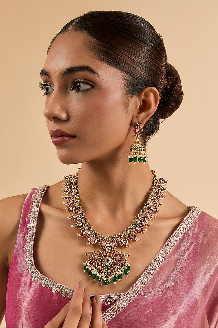 Gold Finish Emerald Kemp Stone Temple Necklace Set by Minaki at Pernia's Pop Up Shop
