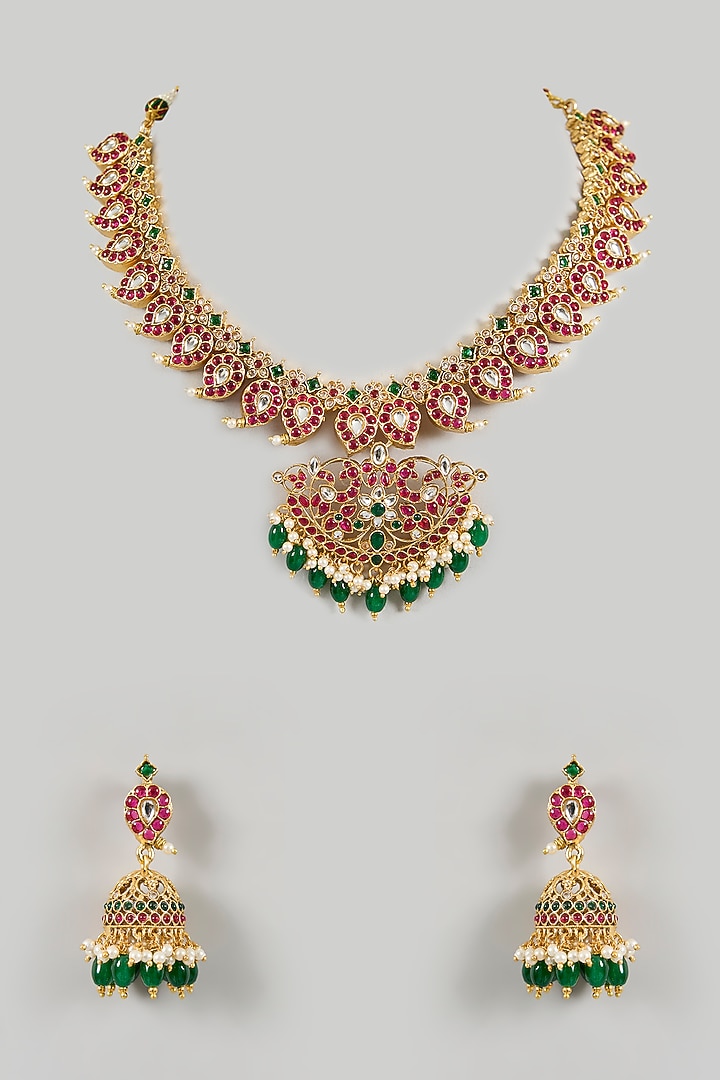 Gold Finish Emerald Kemp Stone Temple Necklace Set by Minaki at Pernia's Pop Up Shop