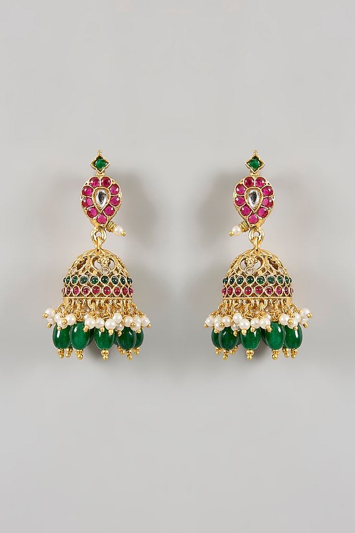 Gold Finish Emerald Kemp Stone Temple Necklace Set by Minaki at Pernia's Pop Up Shop