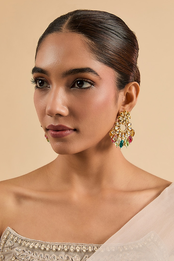 Gold Plated Multi-Colored Bead & Kundan Polki Chandbali Earrings by Minaki at Pernia's Pop Up Shop
