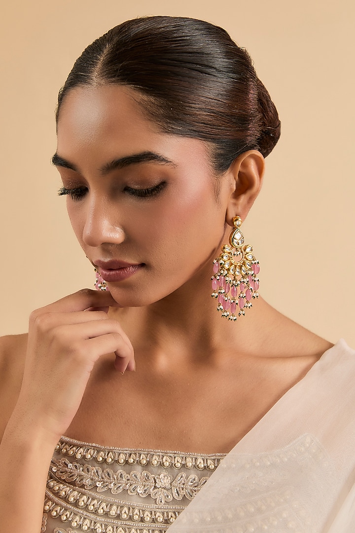 Gold Plated Pink Bead & Kundan Polki Chandbali Earrings by Minaki at Pernia's Pop Up Shop