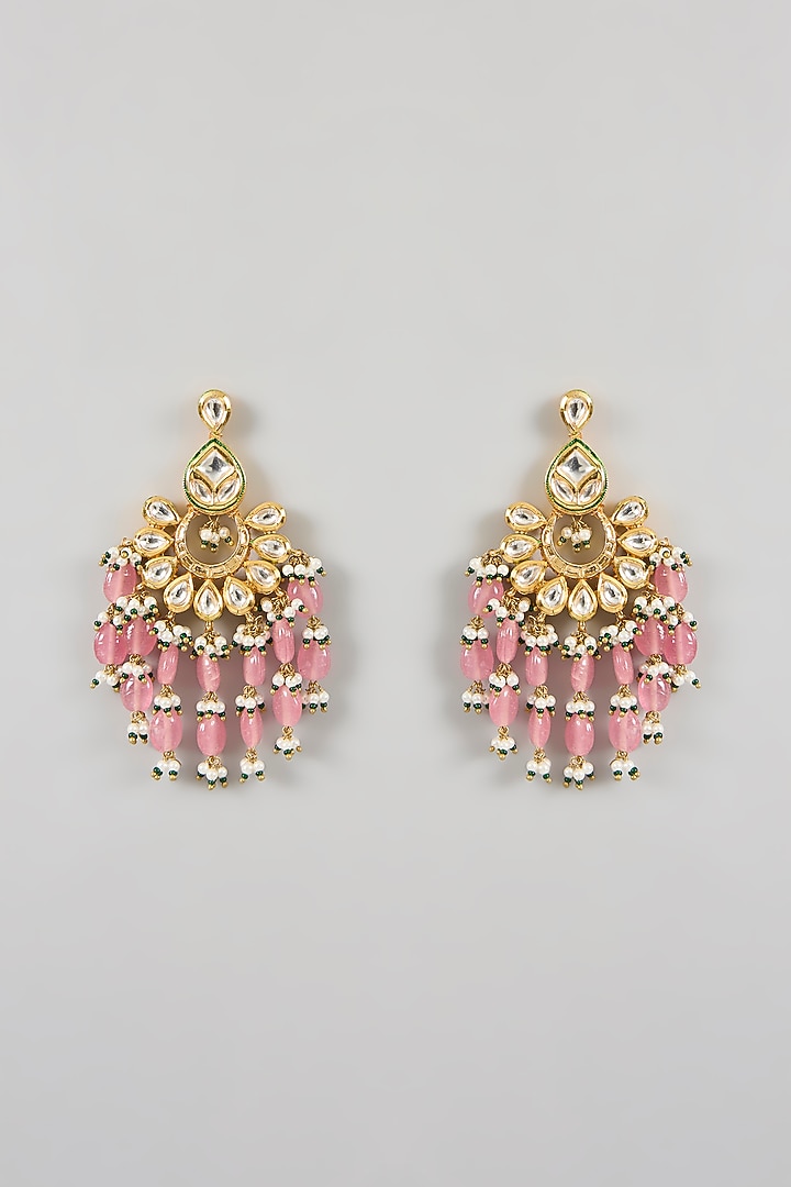 Gold Plated Pink Bead & Kundan Polki Chandbali Earrings by Minaki at Pernia's Pop Up Shop
