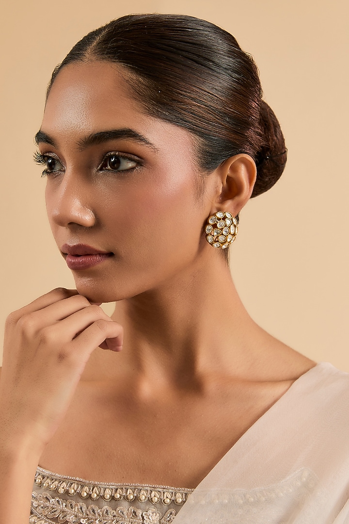 Gold Plated Kundan Polki Stud Earrings by Minaki at Pernia's Pop Up Shop
