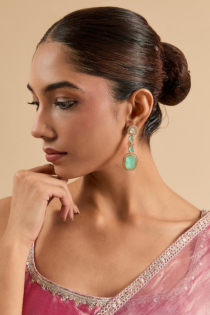 Gold Plated Mint Stone & Kundan Polki Dangler Earrings by Minaki at Pernia's Pop Up Shop