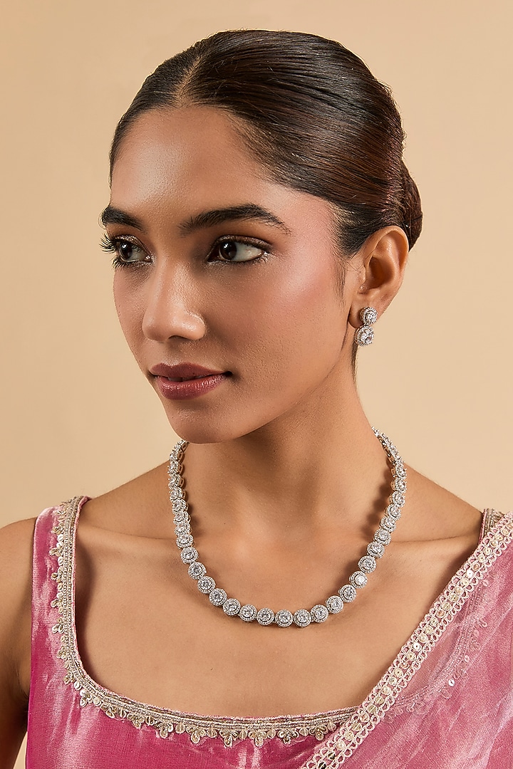 White Gold Finish Cubic Zirconia Necklace Set by Minaki at Pernia's Pop Up Shop