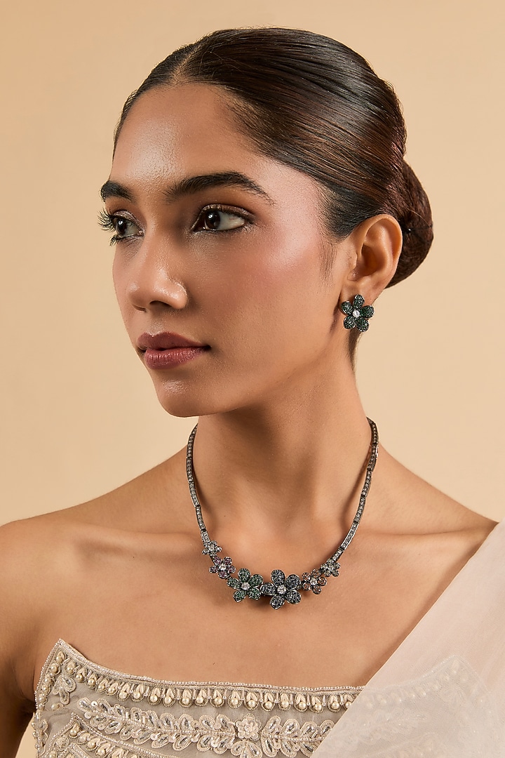 Two Tone Finish Multi-Colored Cubic Zirconia Necklace Set by Minaki at Pernia's Pop Up Shop