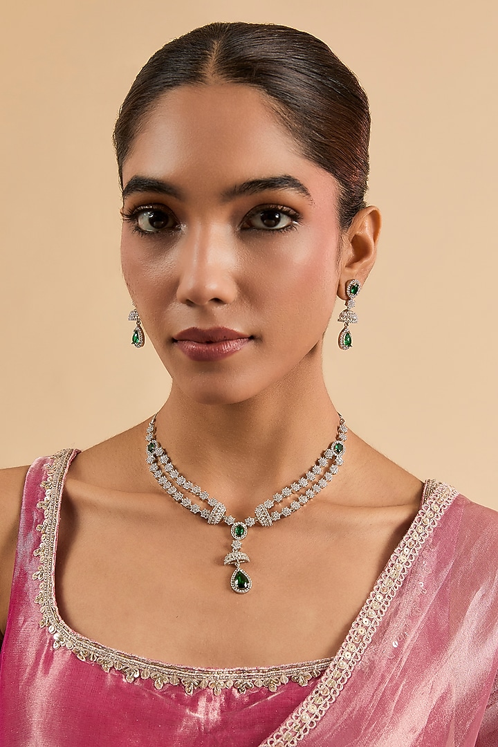 White Gold Finish Green Cubic Zirconia Layered Necklace Set by Minaki at Pernia's Pop Up Shop