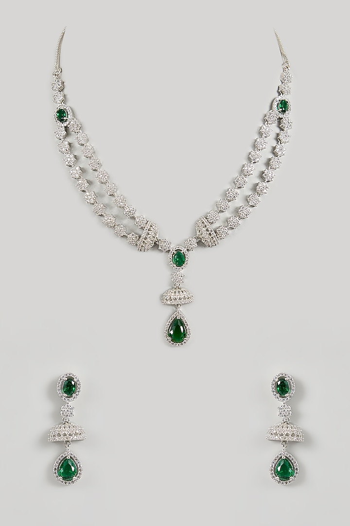White Gold Finish Green Cubic Zirconia Layered Necklace Set by Minaki at Pernia's Pop Up Shop