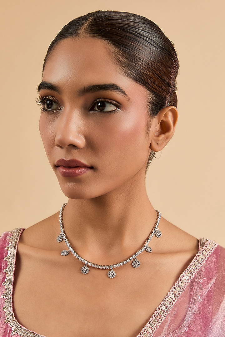 White Gold Finish Cubic Zircon Necklace by Minaki at Pernia's Pop Up Shop