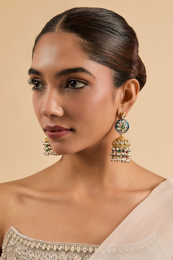 Gold Plated Kundan Polki & Multi-Colored Beaded Jhumka Earrings by Minaki at Pernia's Pop Up Shop